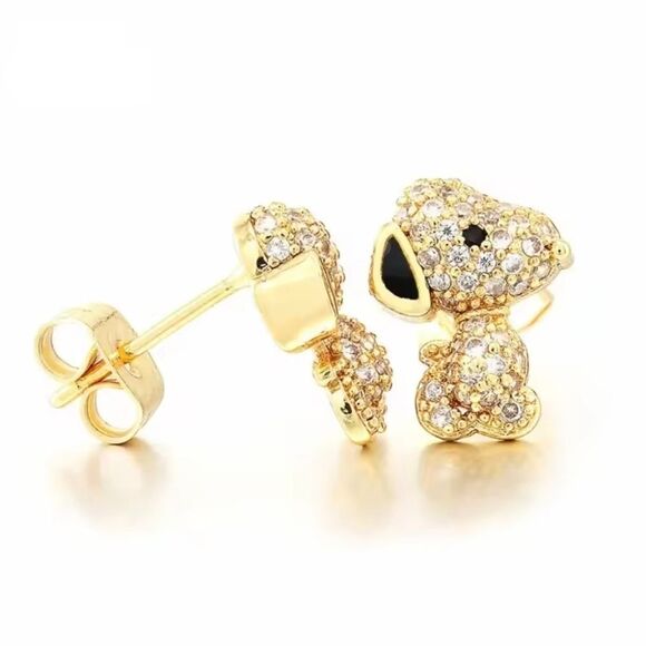 Peanuts Jewelry - 18K Gold Plated Snoopy Peanuts Theme Pave Inlay Earrings